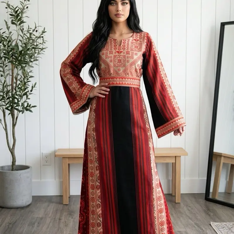 Women's Elegant Longsleeve Thobe - Floor Length Modest Islamic Robe, Black with Elegant Contrast Red & Beige Standout Colors, Soft Comfortable Fabric, Versatile Casual Everyday Wear