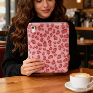 Pink Plush Leopard Print For IPad Case - Compatible With 10.9" For IPad 10th Gen (2022) & 11th Gen (2025), Also For IPad 7th/8th/9th Gen 10.2" -With Charging Stylus Slot Perfect Gift For Parties, Birthdays & Holidays, , Plush Ipad Case, Leopard Print