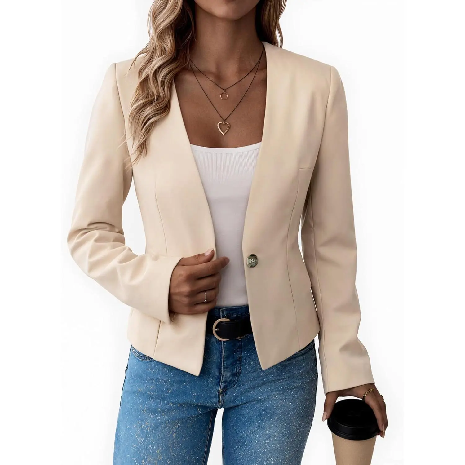 MINA SELF Women's Lady 2026 Spring Solid Slim-Fit Collarless Open-Front Full-Lined Lightweight Long-Sleeve Petite Blazer Jacket, 9-5 Business Casual Elegant Ready-to-Wear Outerwear