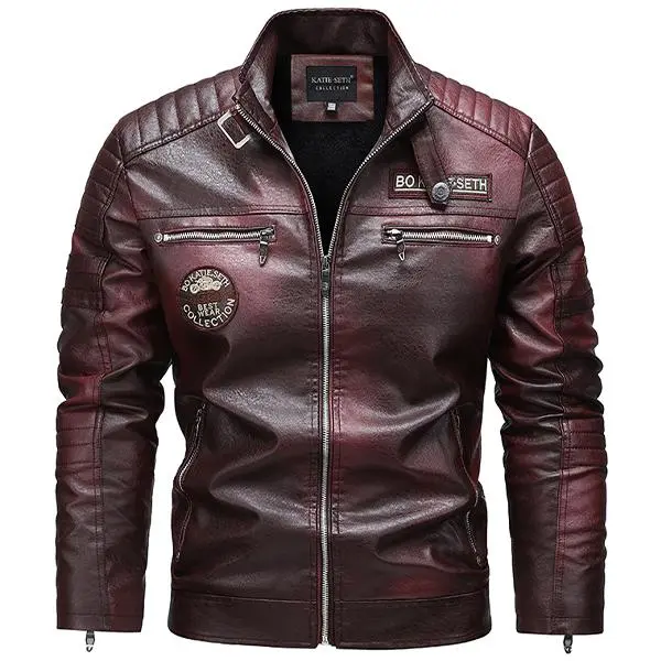 Men's Burgundy Stand-Collar Motorcycle Coat - Thickened Warm Vintage Menswear, Long Sleeve Plain Casual Riding Outerwear for Autumn/Winter Commuting, Motorcycle Trips, Coats, Fitted Cut, Classic, Polyester, Tops, Retro Street