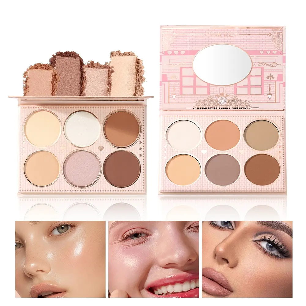 6-color bright skin 3D contour and concealer repair plate, bronzer makeup, delicate and shiny, high pigment powder, durable, easy to mix, integrated facial contour palette, facial contouring makeup, suitable for daily commuting, dating partie