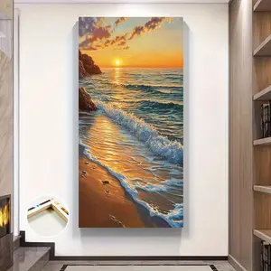 1pc Framed Waves Large Wall Art, Vertical Canvas Print with Vibrant Sunset Beach Scene, Ready-to-Hang Coastal Decor for Living Room, Bedroom, or Kitchen, High-Quality Ink on Canvas, Summer/Spring Home Decor, Beach Theme Decor