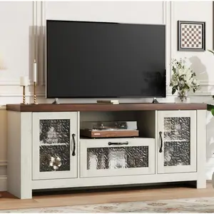 Garvee Entertainment Center for 65 Inch Displays with Acrylic Door Storage Cabinets, Adjustable Shelves, and Farmhouse Style Console Table in White & Brown, Black, and Rustic Brown for Living Room or Bedroom