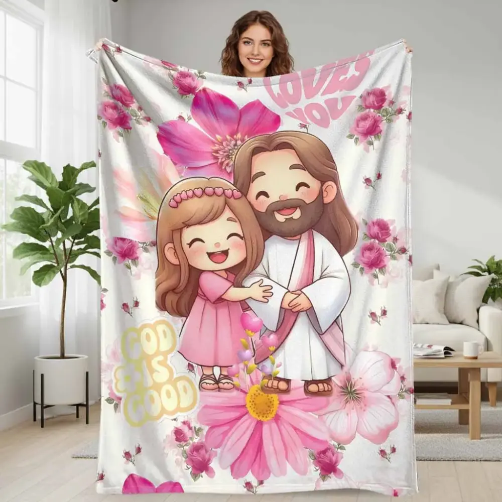 Colorful Cartoon Style Flannel Throw Blanket - Watercolour Blush Pink Floral Heart & Cute Hugging Girl Print, Ultra Soft Lightweight Durable, Wrinkle Resistant, Ideal for Bedroom Decor, Church Gifts, Cozy Aesthetic, Flannel Fabric