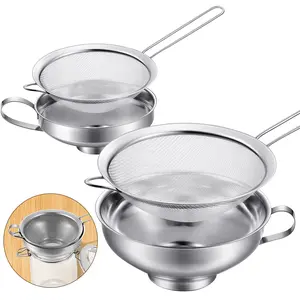 4PCS Stainless Steel Funnels with Fine Mesh Strainer, Household Kitchen Canning Funnels with Stainless Steel Colander