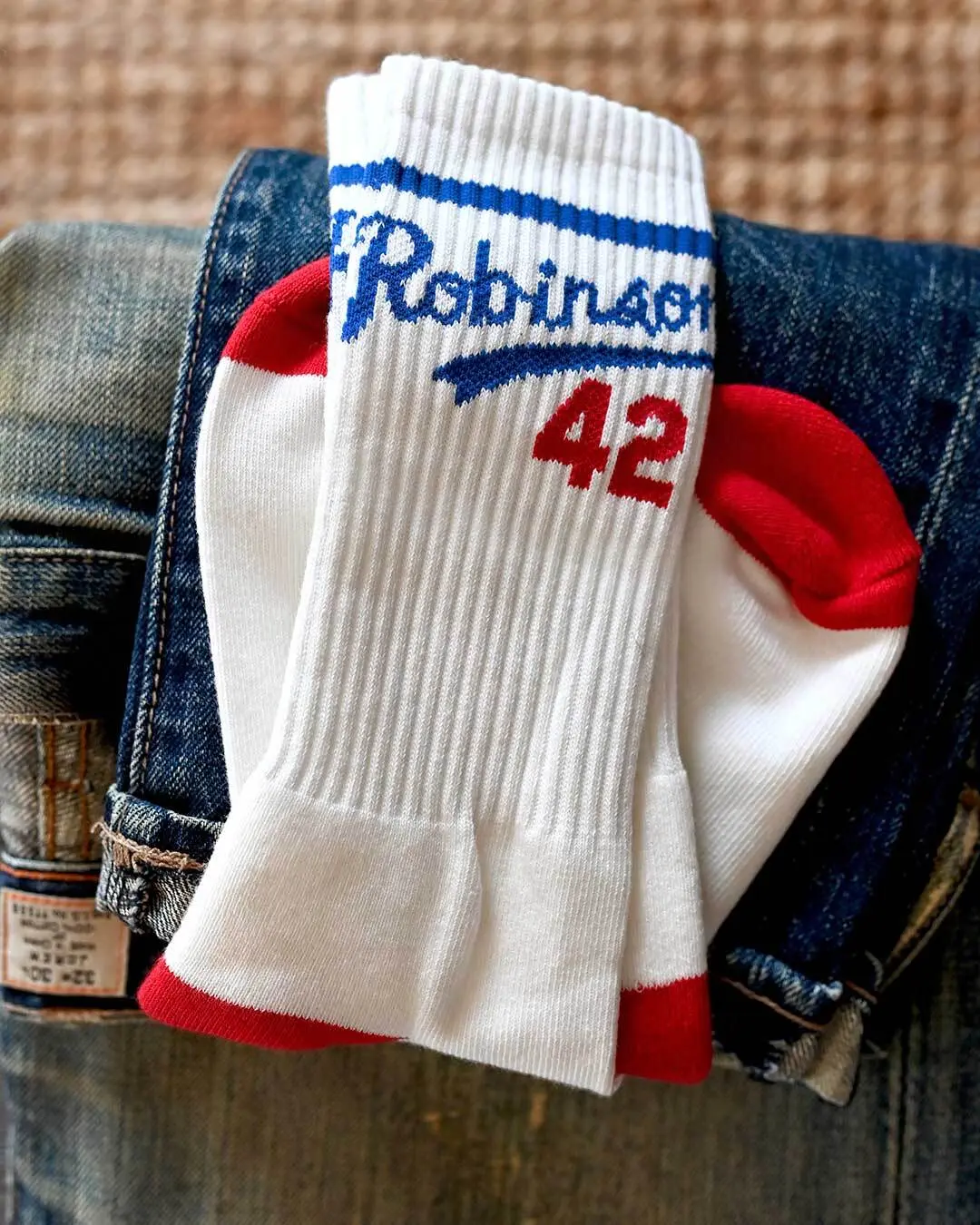 Menswear Jackie Robinson #42 Crew Hosiery for Men, Officially Licensed Jacquard Knit Cotton-Blend for Baseball Fans, Polyester, Basic Mid-Calf Socks