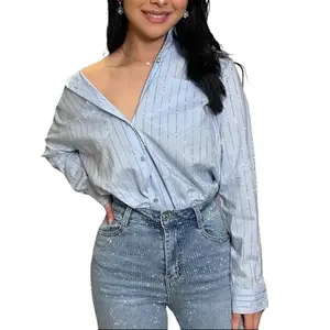 Isabella Embellished Rhinestone Button Down Shirt in Blue with Button Closure and Short Sleeves Blouse Everyday Casual Womenswear