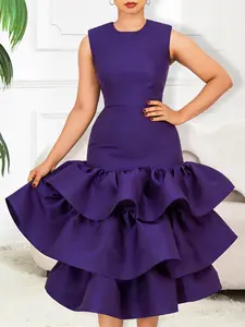 Elegant Sleeveless Women's Evening Dress, Chic, Round Neck, Slim Fit, Ruffled Hem, Layered Ruffles, Medium-Length, Perfect for Cocktail Parties, Weddings, Formal Events, Formal Wear, Womenswear