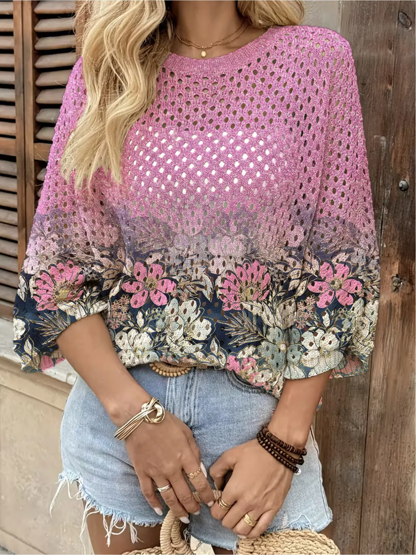 Spring and Summer Collection, Chic, Elegant: Round-neck open and loose batwing shoulder sleeve fitted pullover, color-blocked floral print women's knit top, beachy style, casual for work, bohemian beach-style seaside pullover, Knitwear, Womenswear