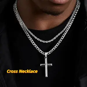 2pcs/set Stainless Steel Cross Necklace for Men - Layered Cross Pendant Necklaces Waterproof Stainless Steel Cuban Link Rope Chain Silver Necklace Stack Jewelry with Gift Bag 22-24 Inches Durable Hip Hop Jewelry for Daily Wear