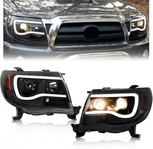 LED Projector Headlights Compatible with 2005-2011 Toyota Tacoma DRL LED Tube Bar Headlamp w/Halogen Bulbs Driver and Passenger Side Clear Lens & Black Housing