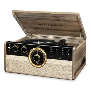 Victrola Empire 6-in-1 Wood Record Player VTA-270B - Farmhouse Walnut with Bluetooth FM Radio CD Player & 3.5mm Aux Input