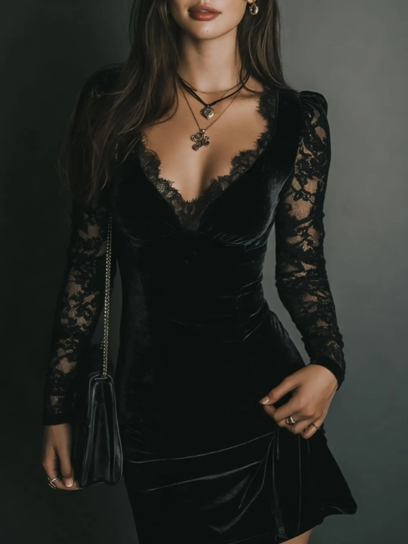 Vintage Velvet Lace Trim Long Sleeve Dress for Women, Womenswear, Elegant Floral Patchwork Design, Perfect for Casual and Formal Occasions Style, Lady, Elegant Dresses, Elegant Fashion Dress