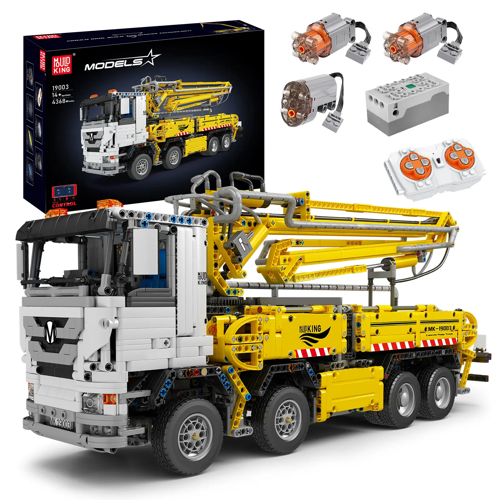 Mould King 19003 Truck with Concrete Pump Block Kits Model, MOC Building Blocks Set to Build, Gift for Collections Enthusiasts(4368 Pieces with Motor/APP Remote Control)