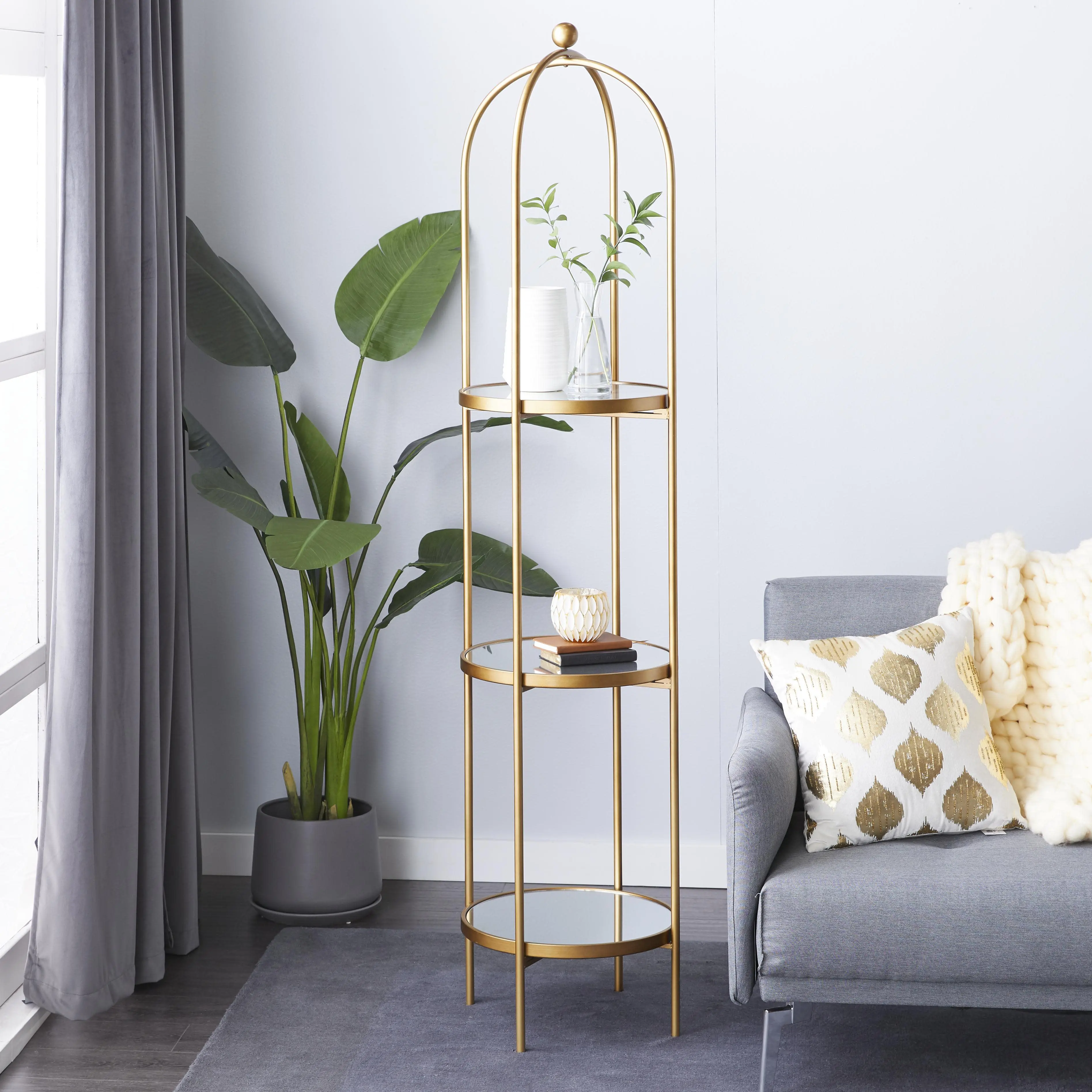 Luxury Gold Metal 3-Shelf Storage Racks Unit with Mirror Shelves, 18"x18"x73" for Sofa Side, Room Organization & Plant Display