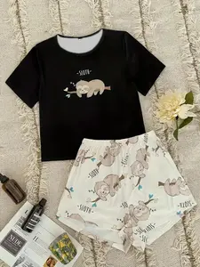 Women's Sloth Print Tee & Shorts Pyjama, Casual Comfy Round Neck Short Sleeve T-shirt & Shorts PJ Set, Ladies Sleepwear for Summer, Loungewear, Sloth Print Pajamas