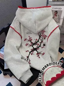 Women's Casual Sakura Cherry Print Hoodie, New York Theme Flower Drawstring, Color Block Design, Fall Winter Fashion