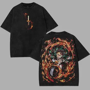 valentine shirts Tanjiro Kamado Fire Sun Water Breathing v7 Demon Slayer Kimetsu No Yaiba anime manga Washed t-shirt 2 sided printing Menswear graphic tee