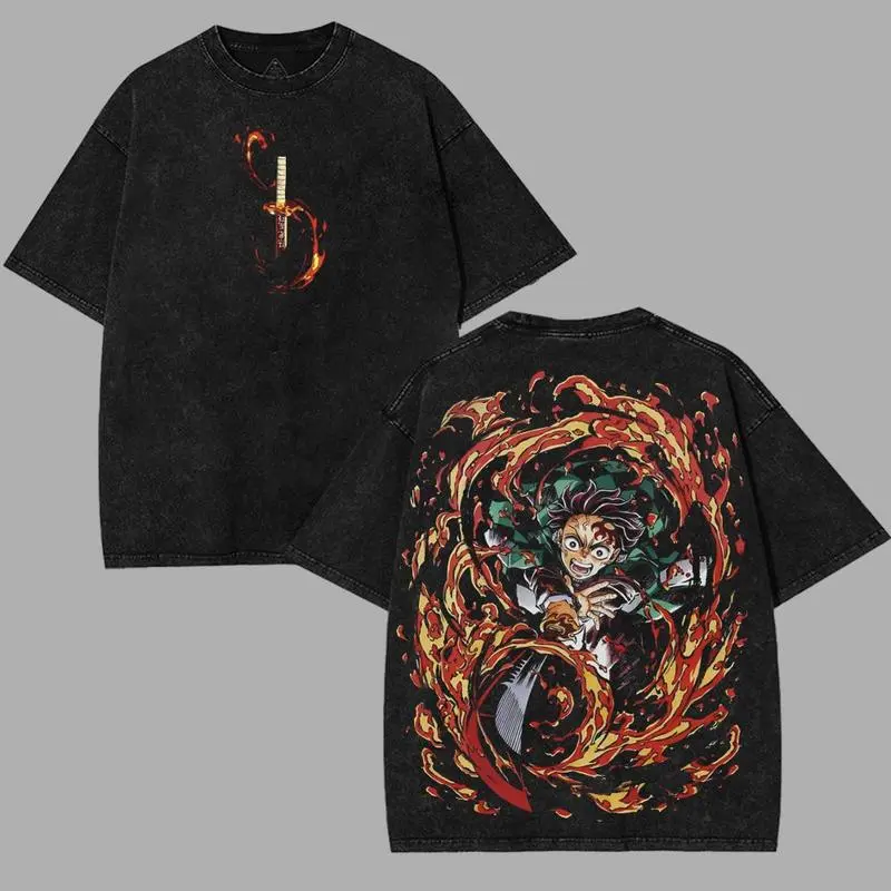 valentine shirts Tanjiro Kamado Fire Sun Water Breathing v7 Demon Slayer Kimetsu No Yaiba anime manga Washed t-shirt 2 sided printing Menswear graphic tee