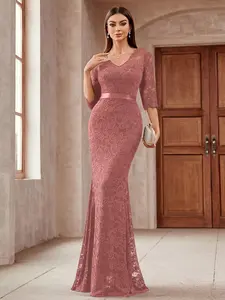 Miusol Women's Elegant Wedding Gown - Classy V-Neck Full Lace 3/4-Sleeve Full-Length Formal Dress, Cinnamon Pink Lace-Trimmed Evening Dress for Summer Weddings, Graduations, Elegant Wedding Dress
