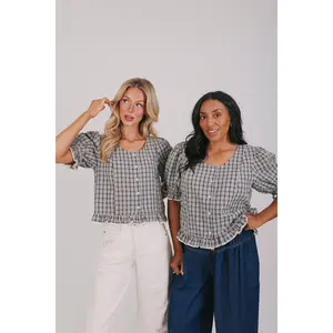 Women's Inclusive Sizing Lace Short-Sleeve Ruffled Plaid Blouse - Casual Button-Front Feminine Top