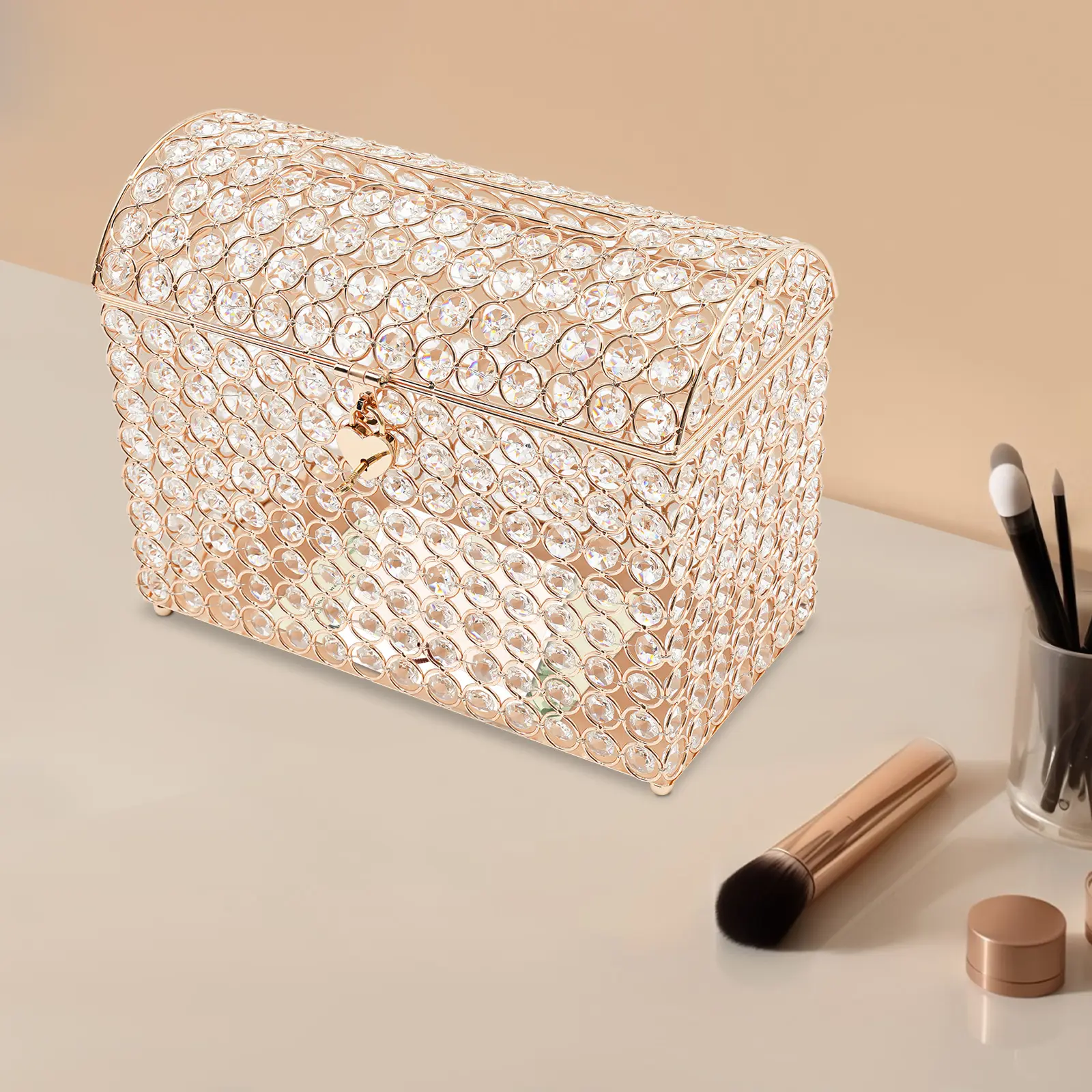 Gold/Silver Irregular Lockable Wedding Memorabilia Box with Key Lock, Glass Bead Decor, Durable Storage Organizer - Modern Iron-Glass-Steel Electroplated Secure Organiser, Lockable Storage Boxes for Reception Gift Money, Countertops