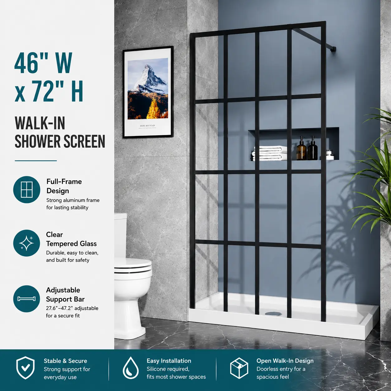 46" W x 72" H Walk-in Shower Screen, Full-Frame Matte Black Shower Panel, 5mm Clear Tempered Glass, Adjustable Support Bar, Open Entry Wet Room Shower Screen