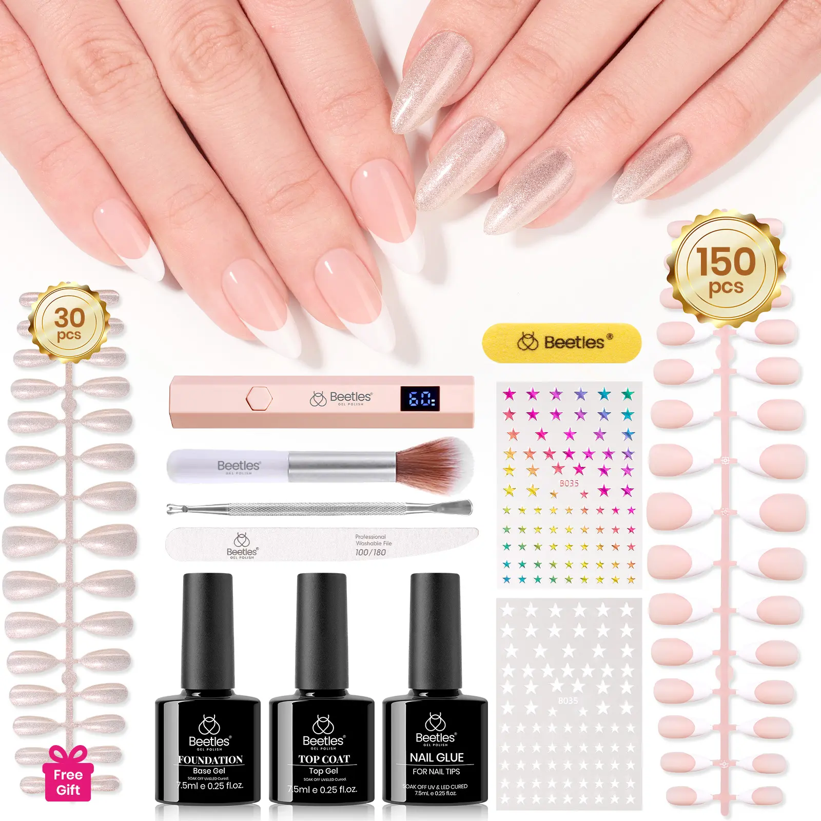 Beetles Soft Gel Nail Art Tips Kit, 150Pcs Nail Tips Press On Nails Kit with Nail Glue Top Coat Base Coat Handheld UV Light Nail Files and StickersAll-in-One DIY Nail Designs Gift for Women