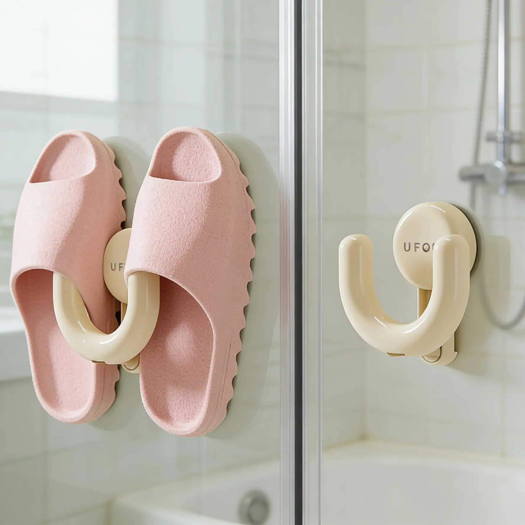 Adjustable Stainless Steel Suction Cup Shoe Rack - Wall-Mounted Bathroom Slipper Organizer with Practical Utility Hooks, Organizes Slippers Efficiently
