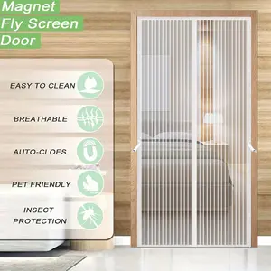 1 Pack Magnetic Screen Door, White Striped Thickened Material, Self-Adhesive & Easy to Install, Mosquito & Fly Proof Breathable Curtain, Pet Friendly, Fits for Living Room, Bedroom, Balcony, Front Door, Garage Door - Durable Home Decoration
