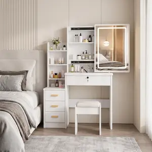 Vanity Set with Mirror and Lighting ,three-Color Adjustable Lighting4 Drawers, 4-Tier Shelving, Sliding Mirror with Hidden Storage ,Ideal for Bedrooms ,White Pantry table