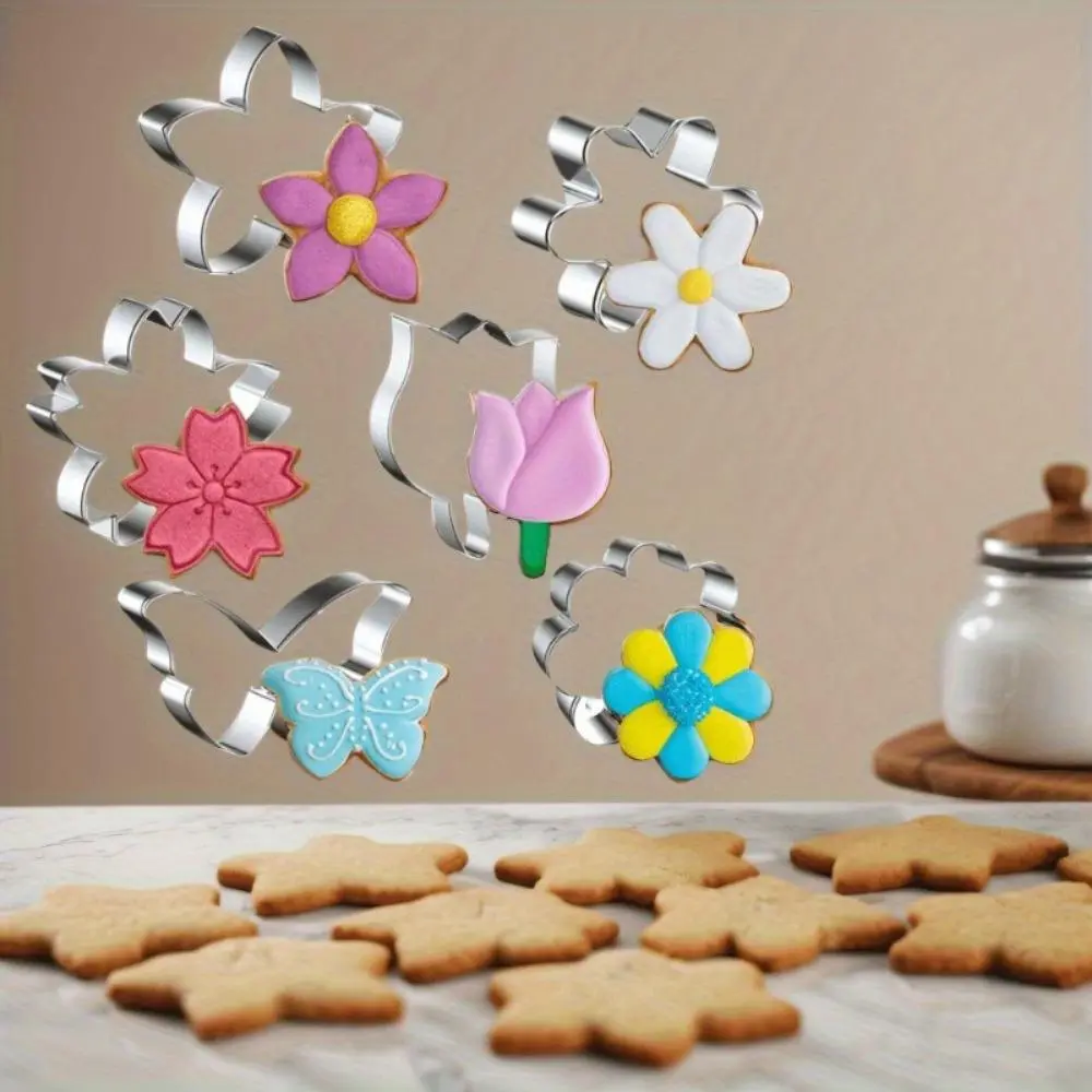 6PCS Flower Cookie Cutter Set, 3 Inches Flower Shaped Cookie Cutter-Daisy, Tulip, 3 Shaped of Flowers, Butterfly, Stainless Steel Cookie Cutters, Baking Tool for Homemaking Cookie