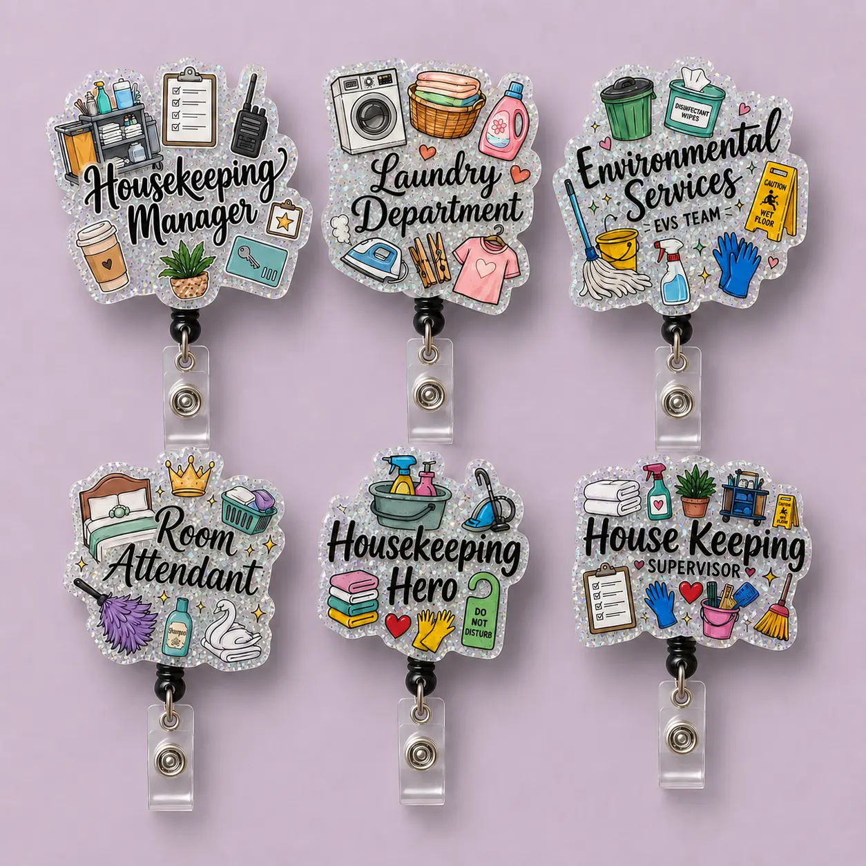 Badge Reels for Housekeeping Supervisors, Cute Glitter Acrylic Housekeeper ID Holder, Retractable Clip Hotel EVS Manager Gift