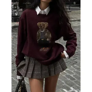 Women`s bear round neck sweater knitwear tops,fashion causal  crew neck jumper for spring&fall,going out outfits Long Sleeve Womenswear Style Fabric Knitting Casual Crewneck