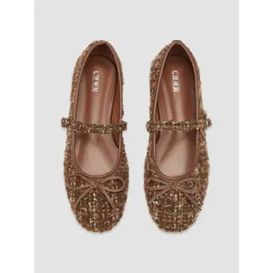 Cider [2 colors, size 6-11] BOWKNOT TWEED MARY JANE FLATS