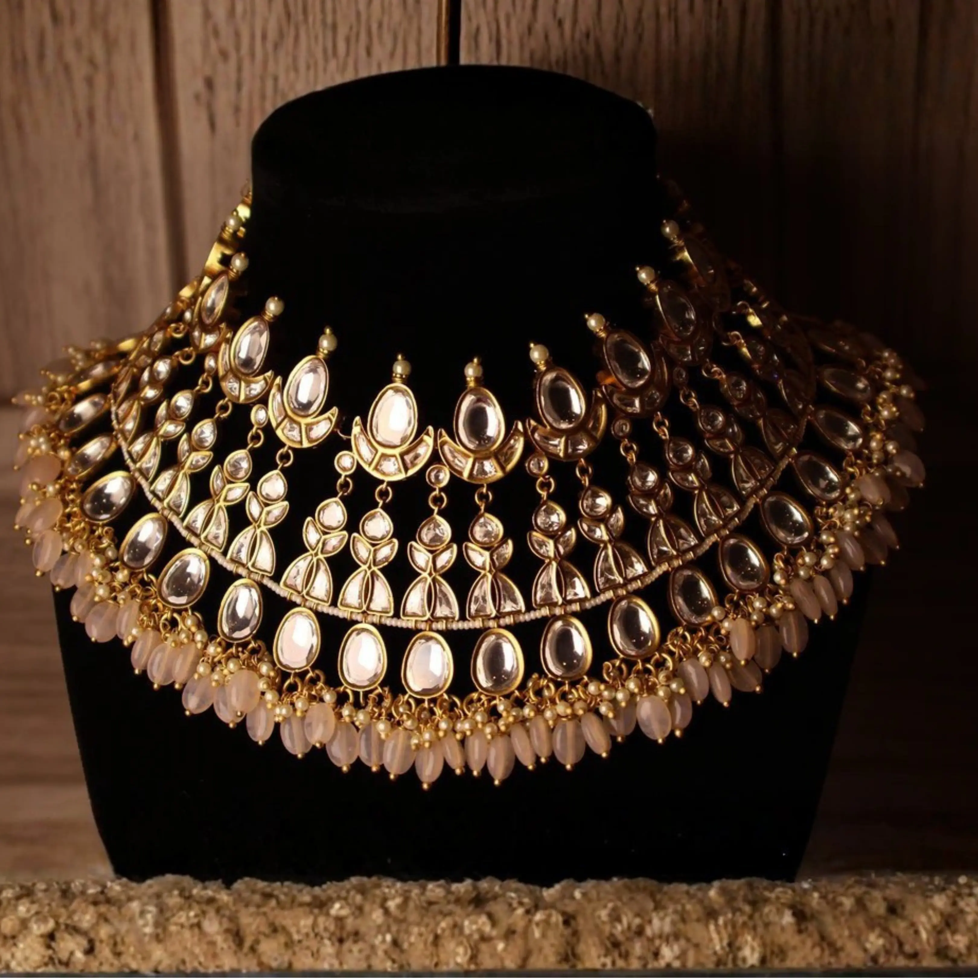 GAUHAR Mirror-Cut Champagne Kundan Bridal Collar Necklace Set with Tikka & Earrings | South Asian Indian Pakistani Wedding Jewelry