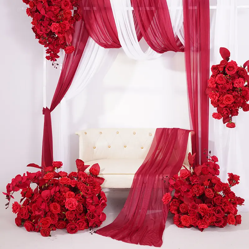 A875203 2pcs Red Floor Flower Row Set, Wedding Event Props, Party Decoration, Decorations Accessories
