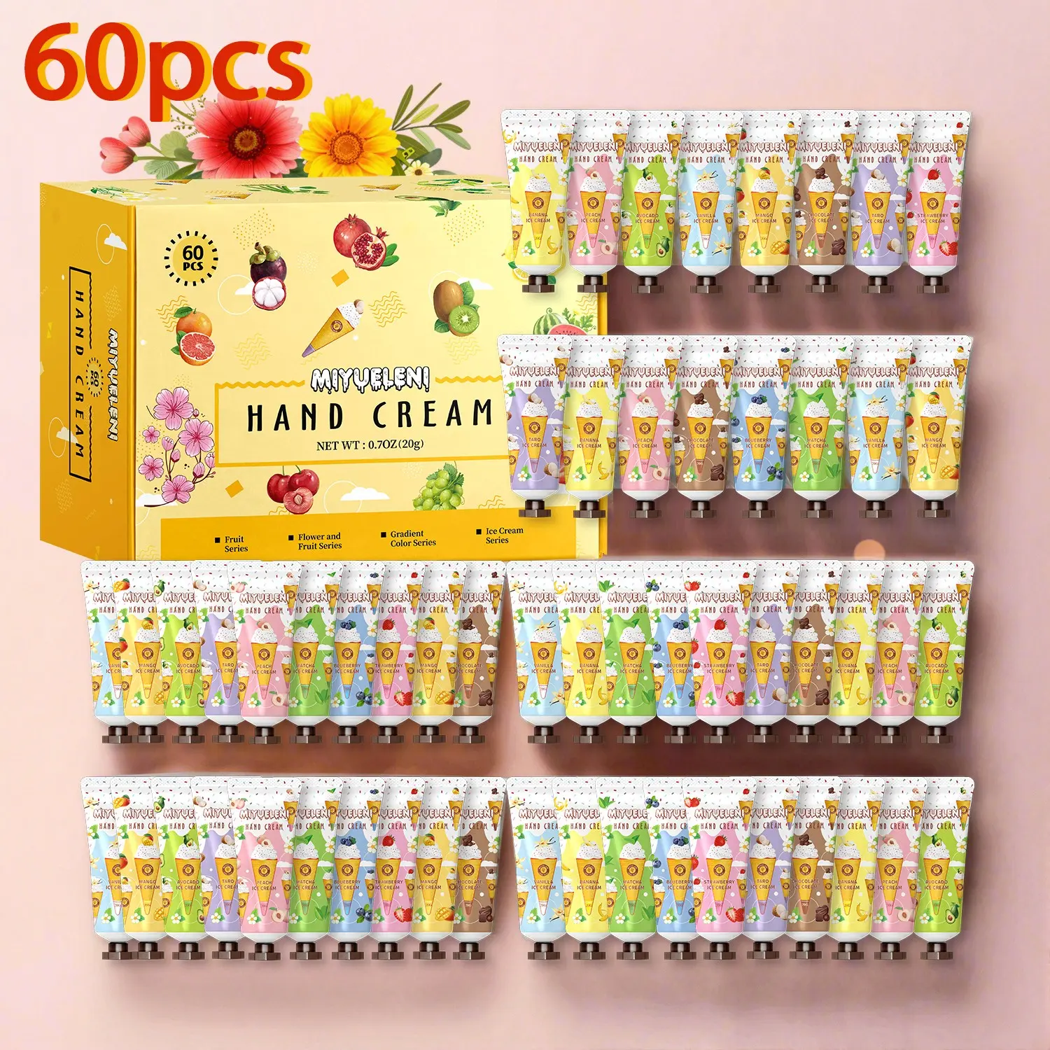 60-Piece Hand Cream Set, Fruit Scented Aroma Hand Lotion, Moisturizing Hand Cream, Hand Moisturizer, Floral Fragrance, Ideal for Dry Hands, Nourishing Hand Cream, Hand Skin Care, Travel Kit, Gift for Teachers, Colleagues, Employees