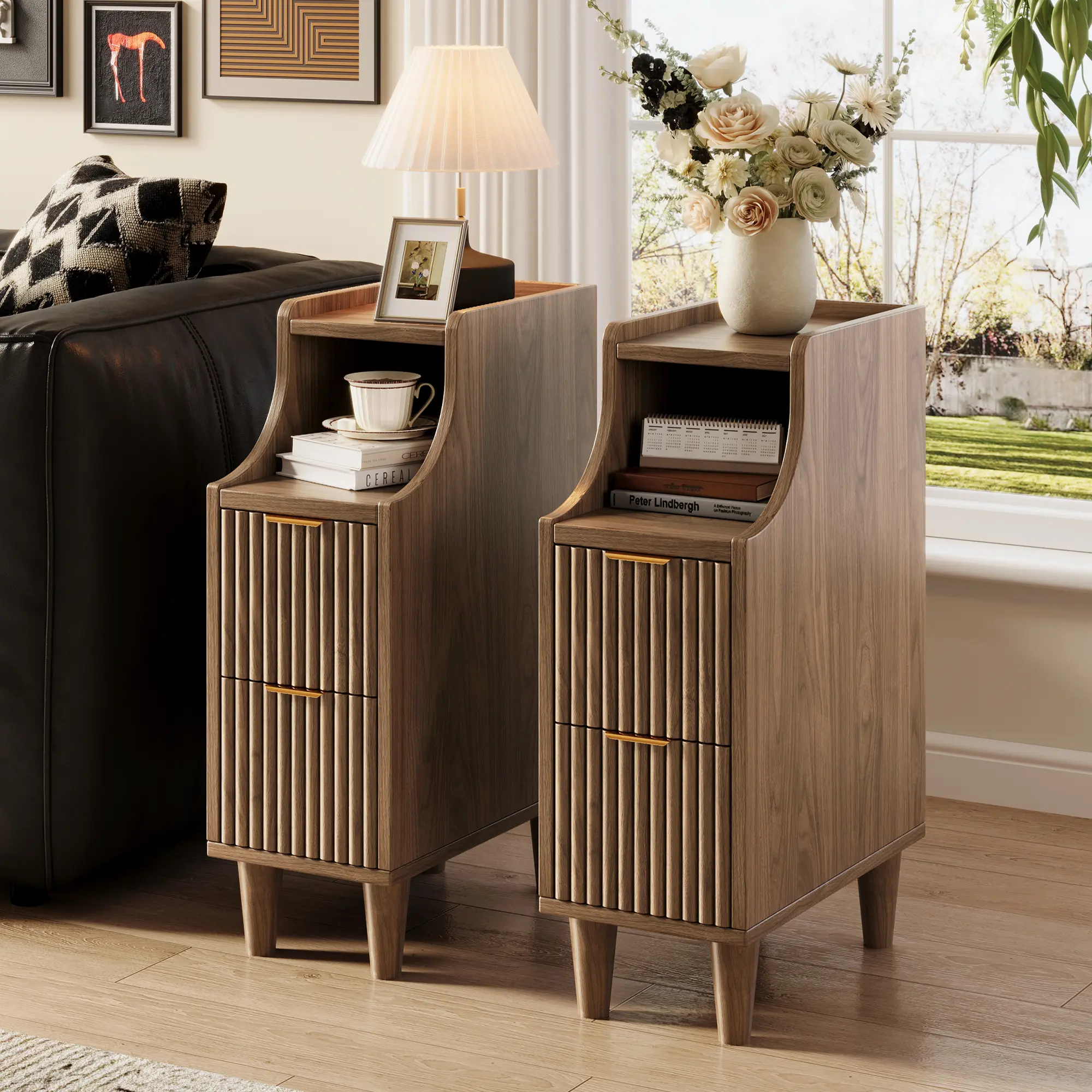 TOKSOM Small Nightstand with Drawers,Solid Wood Bedside Table,Narrow Walnut Nightstand for Bedroom