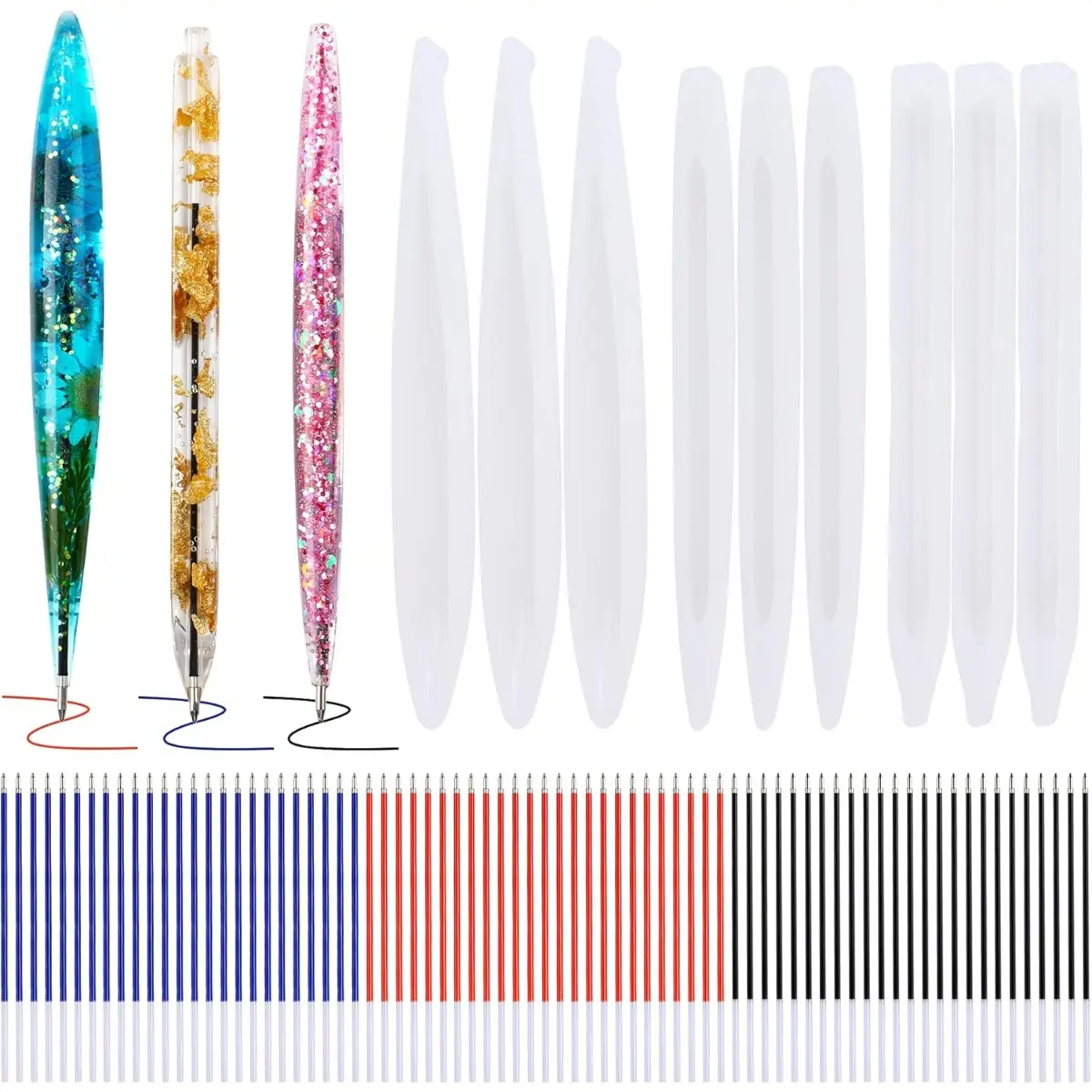 84 piece ballpoint pen DIY mold set, including 9 pieces of pen resin molds and 75 pieces of ink refills, used for DIY resin crafts, is an exquisite gift for family and friends