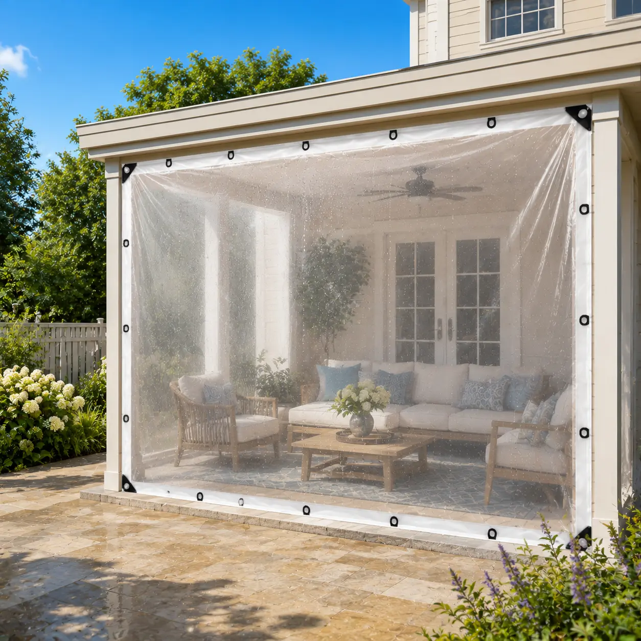 Heavy-Duty Transparent Vinyl Plastic Sheet (10×13 ft) - All-Weather Waterproof Dustproof Fabric with Thick Edges, Fixed Ring Buckles, Weathering Resistance for Canopy Protection