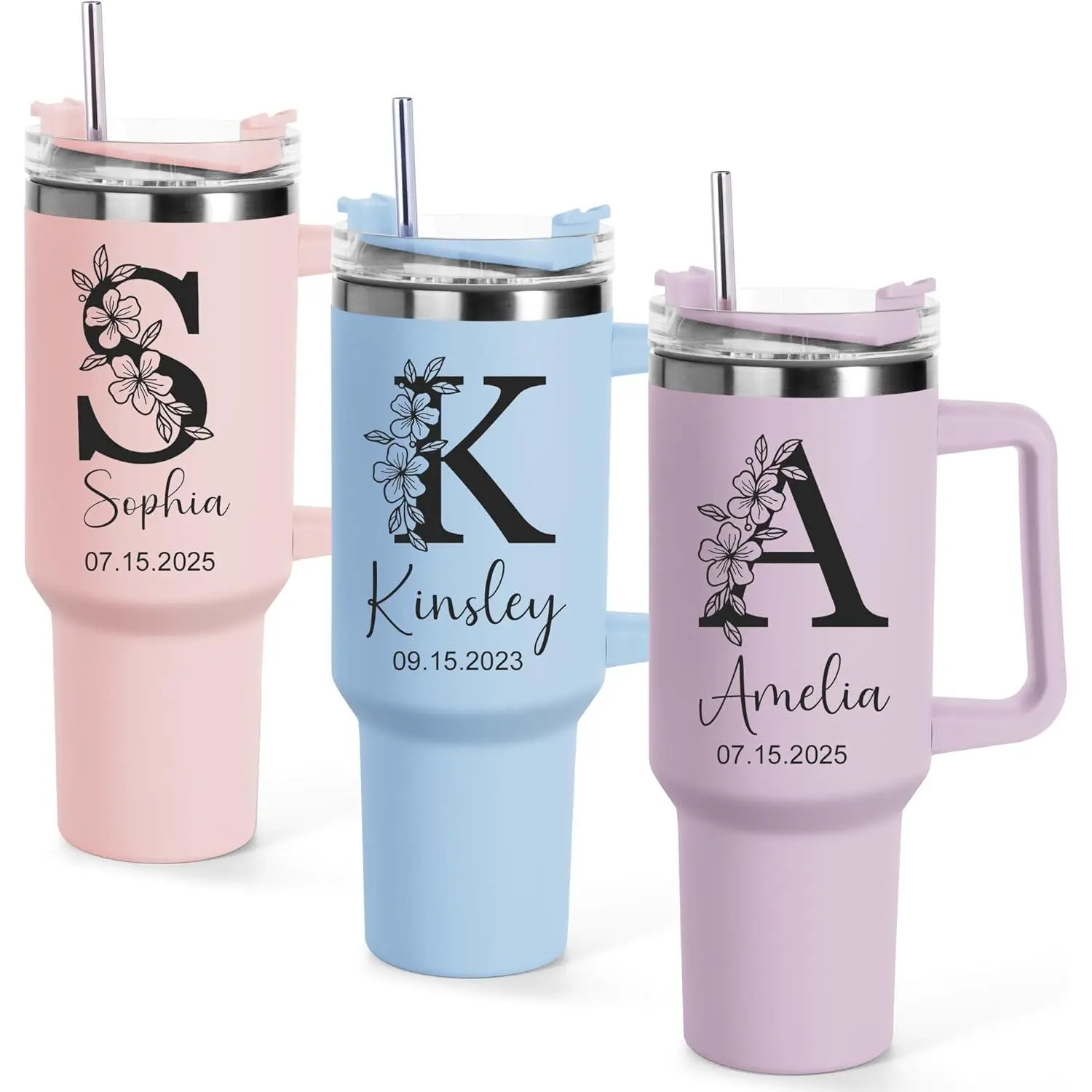 Stylish 40oz Customizable Insulated Stainless Steel Tumbler with Handle & Straw - Portable Vacuum Flask, Personalised Cup with 03-Initial & Name, Bride Wedding Gift (Home & Festive Party Supplies), Button, Keep Cold for 12 Hours