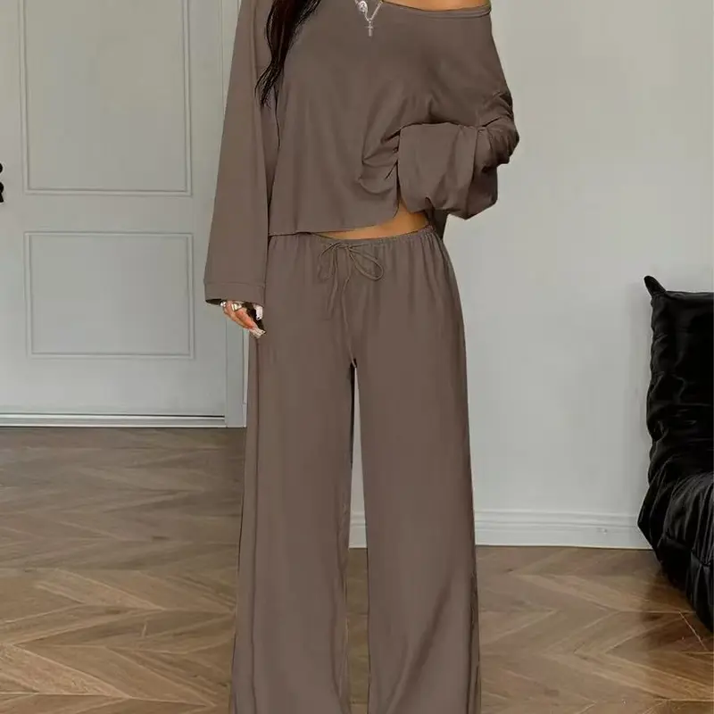 Women's 2-Piece Adjustable Matching Soft Polyester Loungewear Set - Off-the-Shoulder Long Sleeve Top, Drawstring Wide Leg Pants, All-Season Casual Pajama Set for Women, 2 Piece Sets, Matching Sets For Women