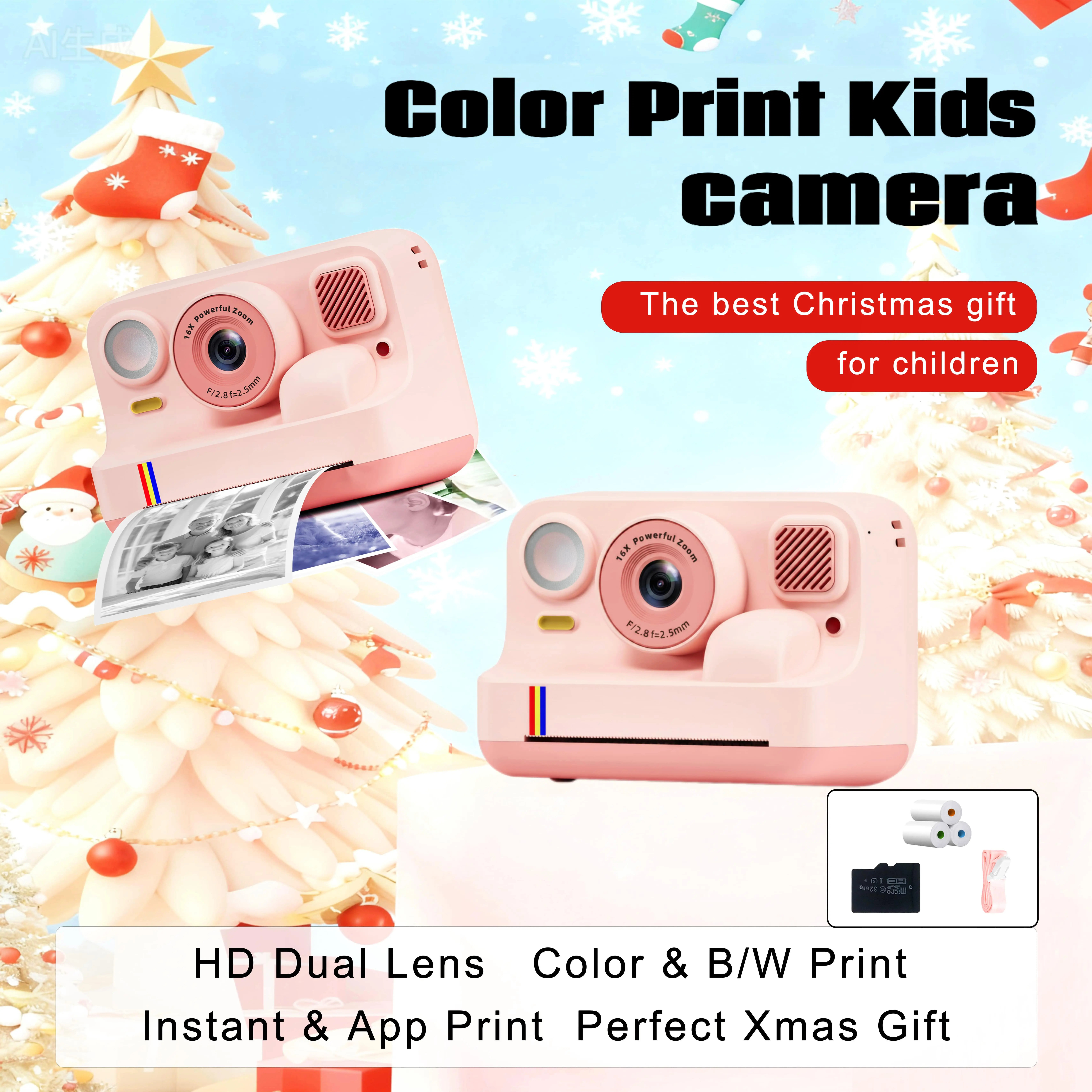 Instant Print Camera for Kids Dual Lens 1080P Selfie & Video 32GB SD Card 3 Rolls Colored Paper Portable BPA-Free Shockproof Christmas Gift for Boys & Girls Birthday Purple