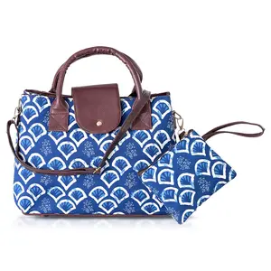 LA Marey Flower Genuine Leather Trim Cotton Stachel Bag with Flap Clouser, Detachable Shoulder Strap, and Pouch