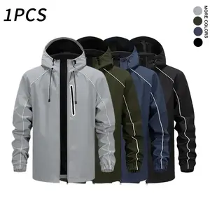 Men’s reflective-trim hooded windbreaker waterproof jacket for outdoor adventures, available in light gray, army green, dark blue, and black; durable finish; casual coat with long sleeves and a windproof design.