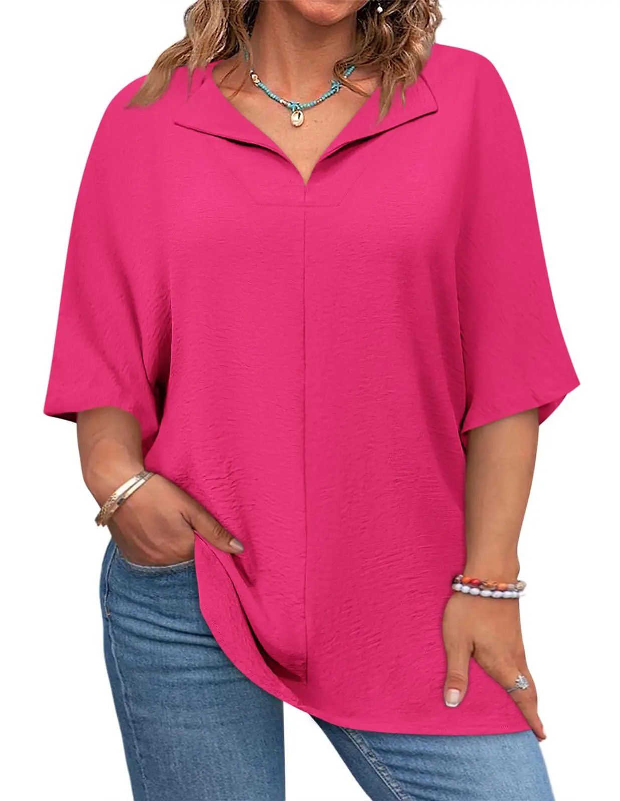 Women's Plus Size L-5XL Polyester Short-Sleeve V-Neck Blouse - Basic Plain Chic Oversized Loose-Fit Maternity Clothing Casual Summer Tunic Shirt