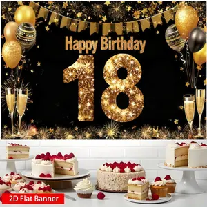 Gold 18th Birthday Party Backdrop Banner, Polyester Fabric, Gold Balloons and Champagne Theme, Home Decor, Indoor Outdoor Parties