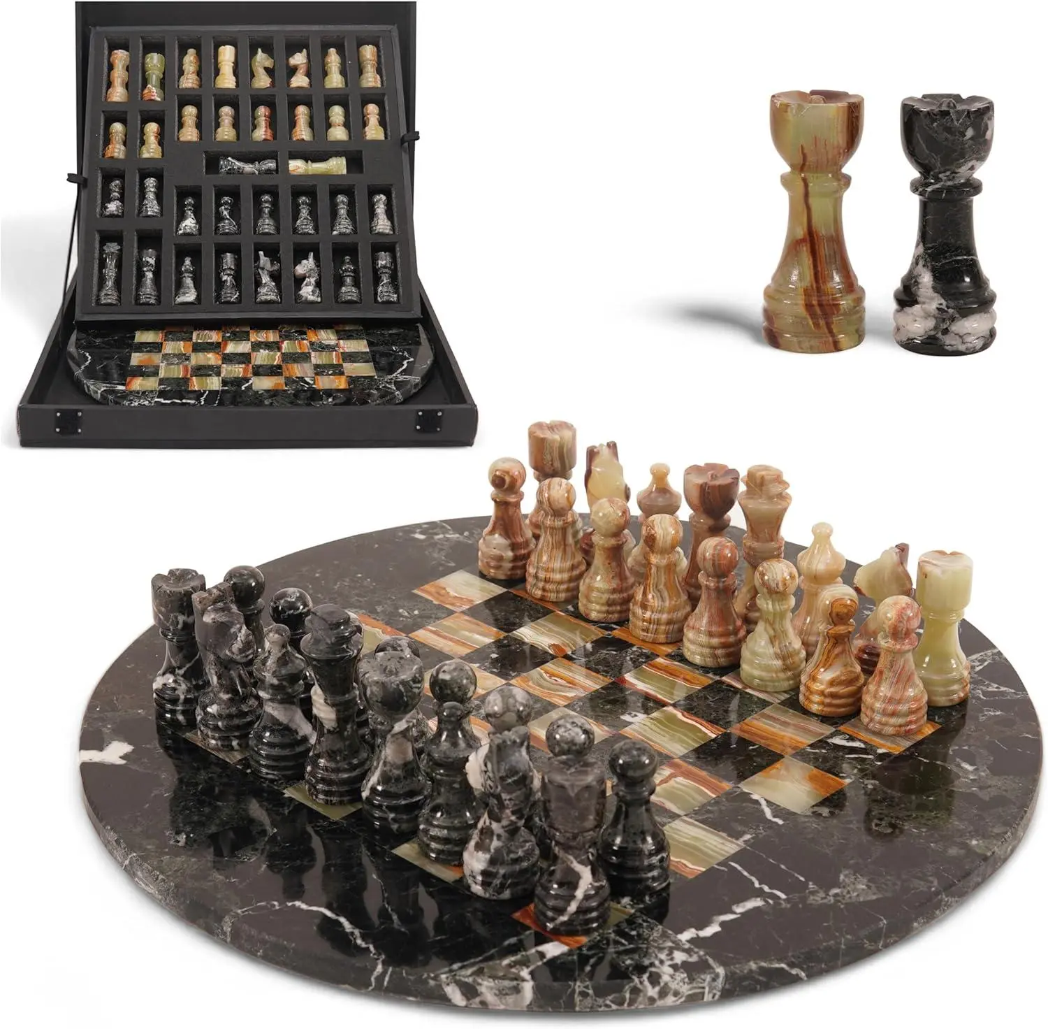 Elborse Marble Chess Set for Adults with Complementary Storage Box, 12" Handmade Chess Board Game with 2 Extra Queens, Unique Gift and Home Décor