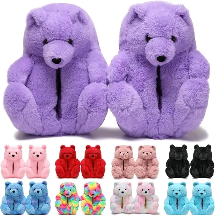 Women's Fluffy Animal Slide Slippers - Purple, Cozy Soft Women's Shoe, Warm Footwear for Indoor Use, Fur, Funny, Slip On, Cute, Children, Cartoon, Casual, Soft Fur